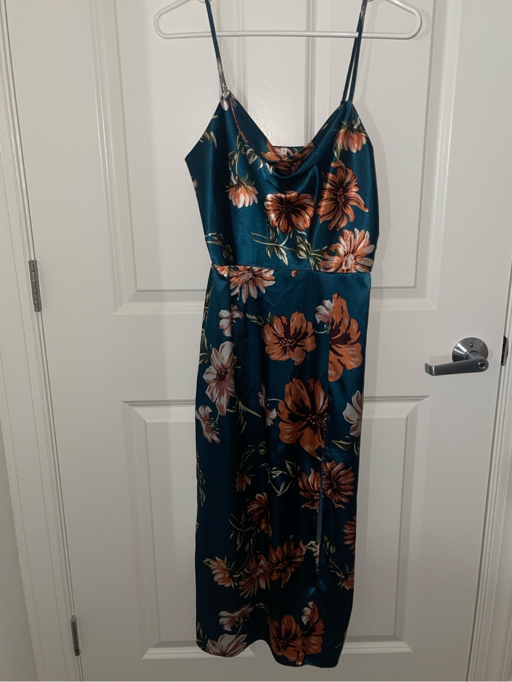 Shein Floral print drape neck satin dress teal